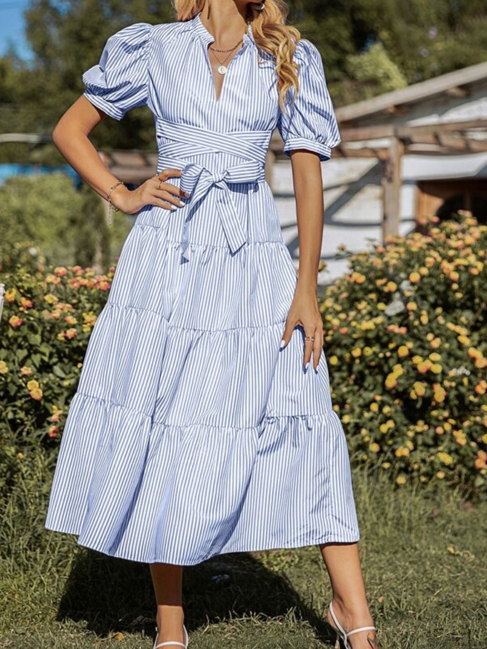 Striped Blue Puff-Sleeve Tie-Waist Midi Dress